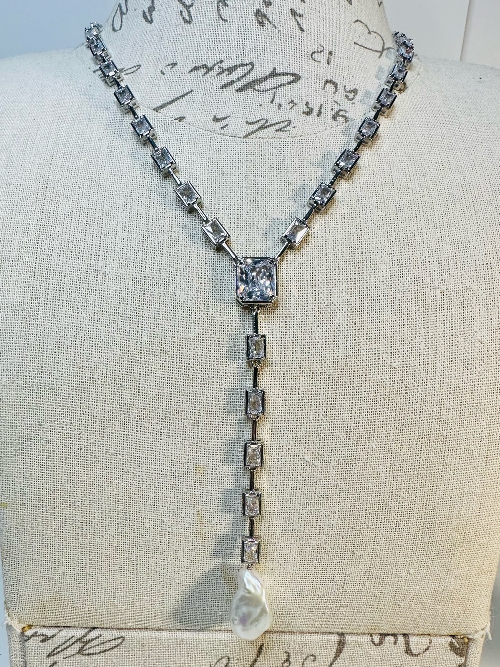 White Gold Plated CZ Baguette Necklace Cultured Keshi Pearl Drop Pendant Women